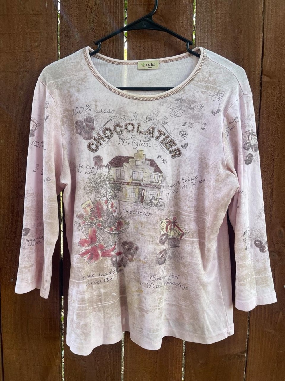 Cactus Y2k Chocolatier Belgian Novelty Graphic Baby Pink Cotton 3/4 Sleeve Top L